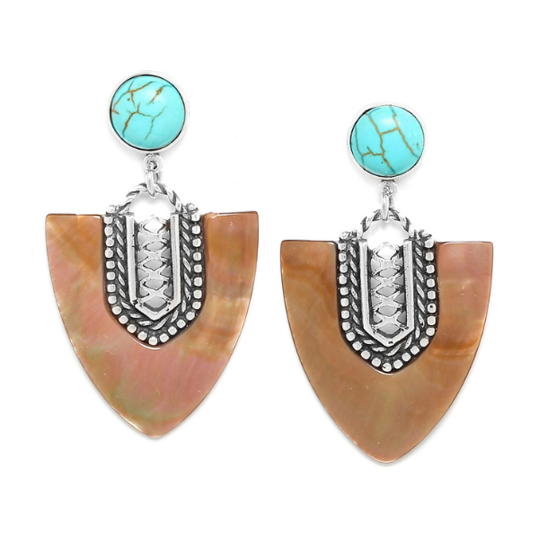 Image of round aqua howlite earring with big pointed brown lip shell with openwork metal.