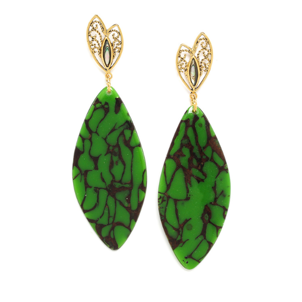Image of large dangle earrings in termite mound malachite green colour and theme on gold plated stud finish.