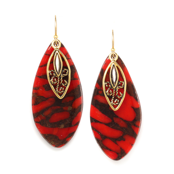Image of dangle earrings in termite mound red agate colour and theme on gold plated hook finish.