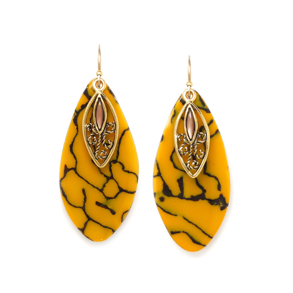 Image of dangle earrings in termite mound citrin colour and theme on gold plated hook finish.