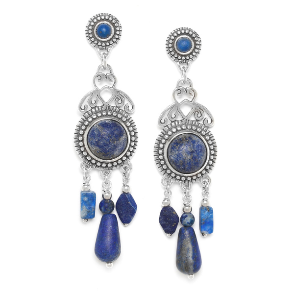Image of elegant 3 dangle earrings made from lapius luzil on silver finish.
