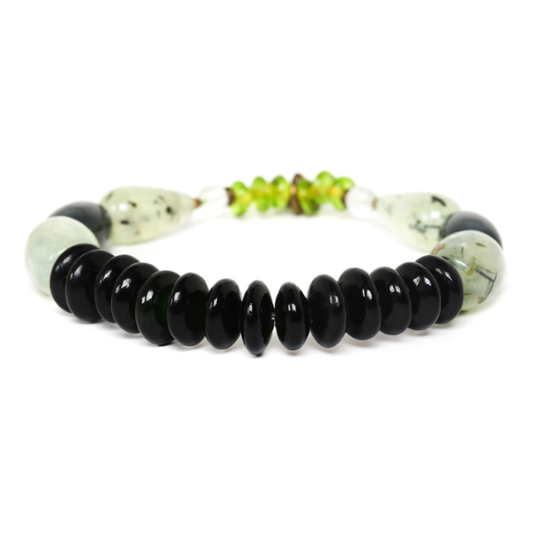 Image of stretch bracelet embellished with green beads and crystals.