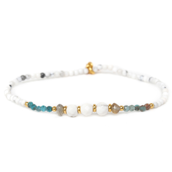 Image of dainty stretch bracelet surrounded with white, grey, aqua and pearl beads.