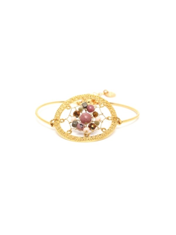 Replica dream-catcher bracelet set with elements of picture jasper, pearl,  hematite, jade, rhodonite and Swarovski in Franck Herval's Dreamy Collection. Metal finish colour is gold and beading colours are blush, amber and rust.