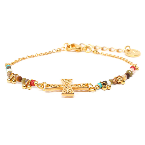 Image of dainty gold metal chain bracelet embellished with colourful beads and gold metal cross centre.