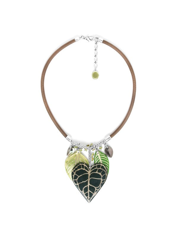 Image of necklace with large leaf pendant drop on stretch cord.