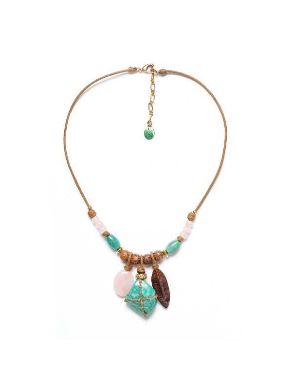 Image of Charismatic necklace using unusual and colourful materials, elegant and wild, ethnic and modern.  Natural elements include Oak, Pink Quartz and Amazonite: rich timber, soft pink and rich green stone with gold coloured metal.