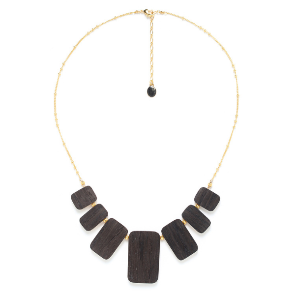 Image of contemporary, geometric necklace crafted from dark chocolate timber and gold gilded chain.