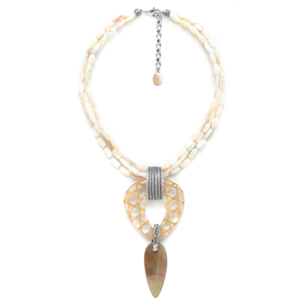 Image of statement necklace with shell beads. Pendant consists of triangular, bamboo twine resin hoop trimmed with a teardrop shape brown lip piece.