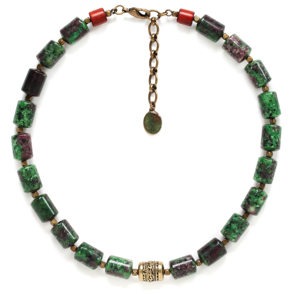 Image of chunky necklace surrounded with green zoisite stones.