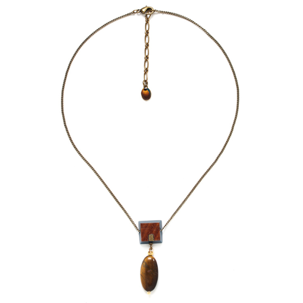 Image of necklace with square wood veneer pendant and tiger eye dangle.