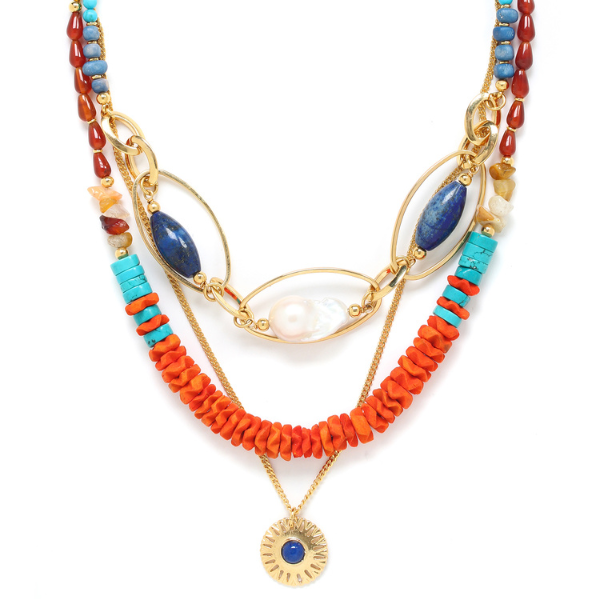 Image of South American style necklace embellished with colorful beads and stones.