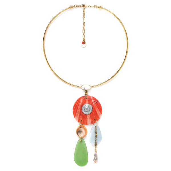 Image of striking plastron necklace with multi dangle pendant with orange circle and green teardrop.