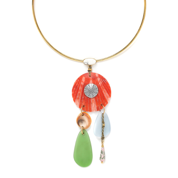 Image of striking plastron necklace with multi dangle pendant with orange circle and green teardrop.