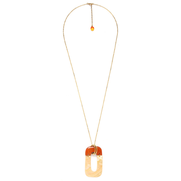 Image of big rectangle necklace made from golden mother-of-pearl and jackfruit wood on gold plated finish.