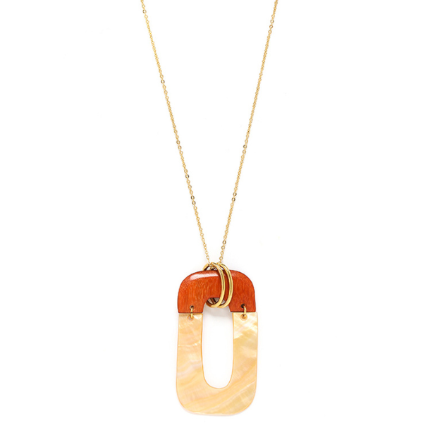 Image of big rectangle necklace made from golden mother-of-pearl and jackfruit wood on gold plated finish.