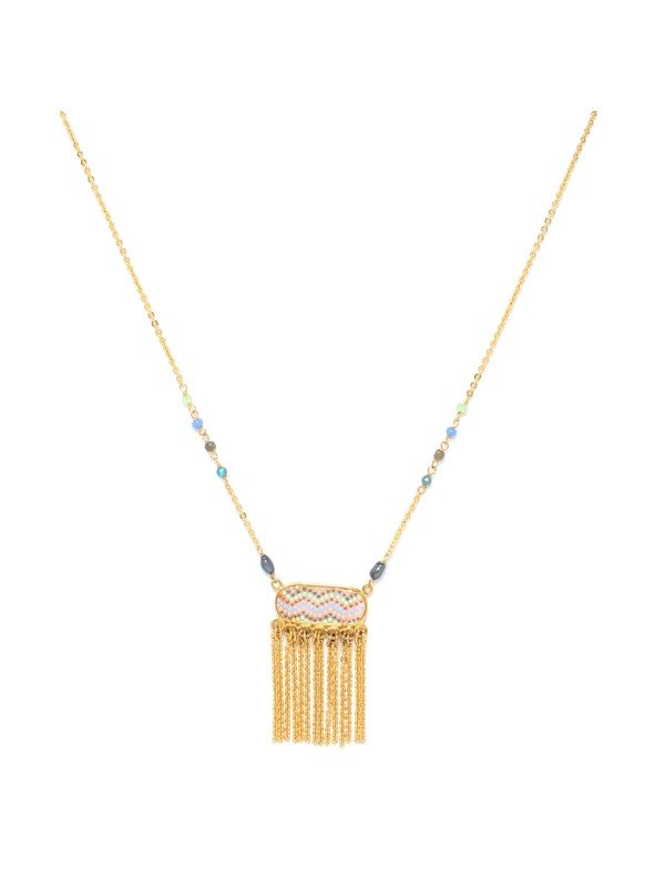 Image of delicate necklace with handpainted artwork in pastel colours are set with metal tassels and beading, and co-ordinated with gold coloured metal.