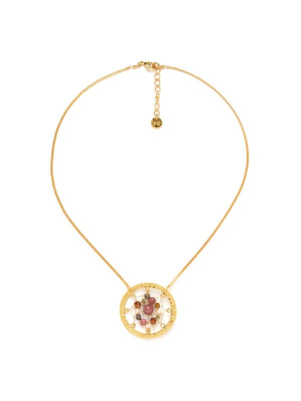 Replica dream-catcher pendant necklace set with elements of picture jasper, pearl,  hematite, jade, rhodonite and Swarovski in Franck Herval's Dreamy Collection. Metal finish colour is gold and beading colours are blush, amber and rust.