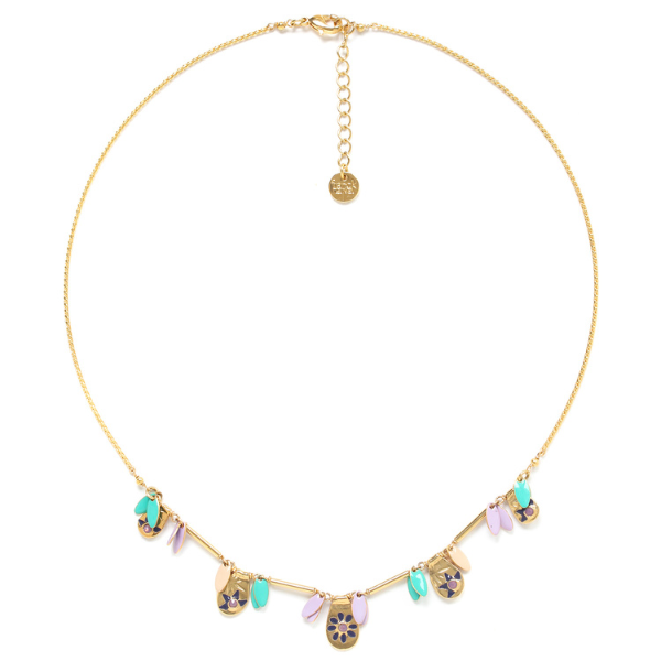 Image of dainty gold metal necklace with colourful multi dangles.