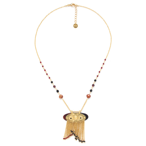 Image of beaded gold metal necklace with oval shaped pendant with chain fringes.