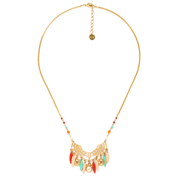 Image of bohemian style necklace with fan shaped pendant ad colourful dangles.