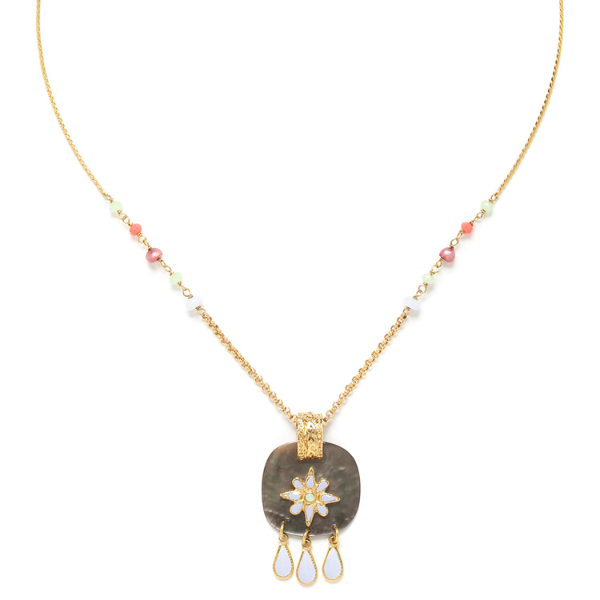 Image of gold plated chain necklace with square black lip pendant that has white enamel hand painted flower 3 white enamel teardrop dangles.