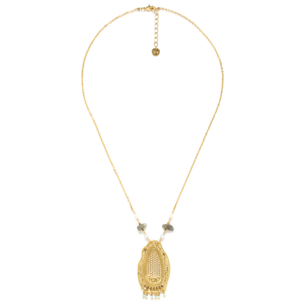 Image of necklace with large 18 carat gold plated lacey effect pendant that has mini dangle beads.