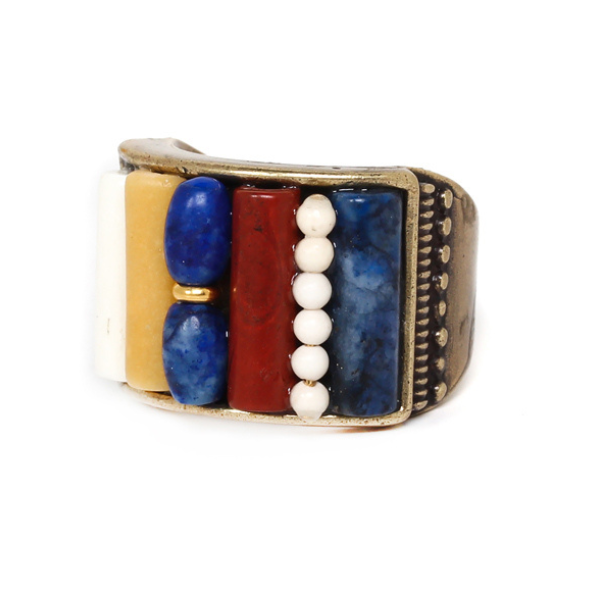 Image of ethnic style chunky ring with blue, red, yellow, white beads.