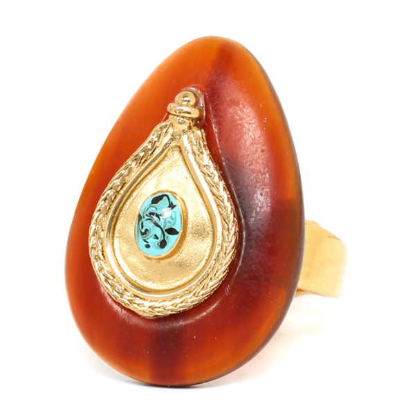 Image of chunky teardrop ring with gold and aqua centre.