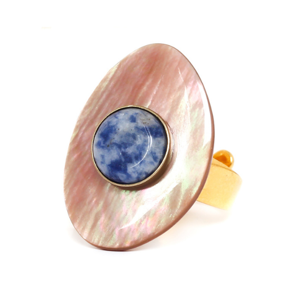 Image of large oval brown lip ring with sodalite centrepiece.
