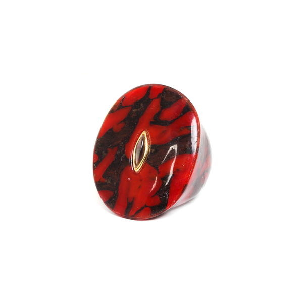 Image of chunky ring in termite mound red agate colour and theme.