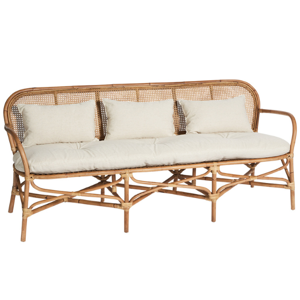 Image of British Colonial style, bamboo casual sofa with cream fabric cushions