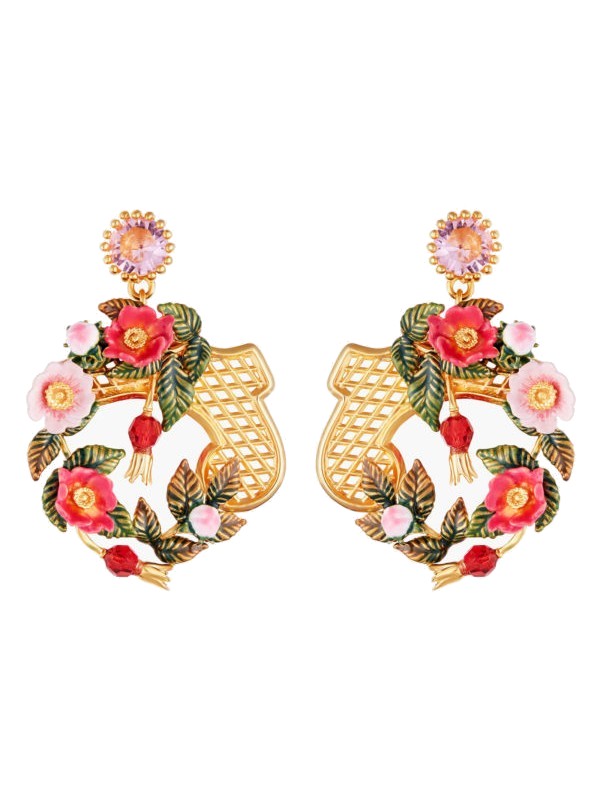 Image of earrings with red and pink enamel rose buds and gold metal mini trellis.