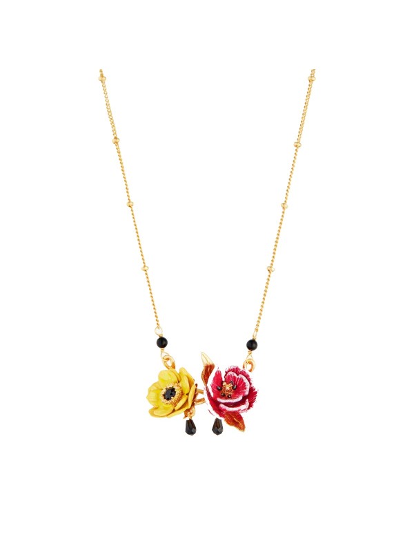 Image of necklace with two enamel flowers, one yellow, one red.l