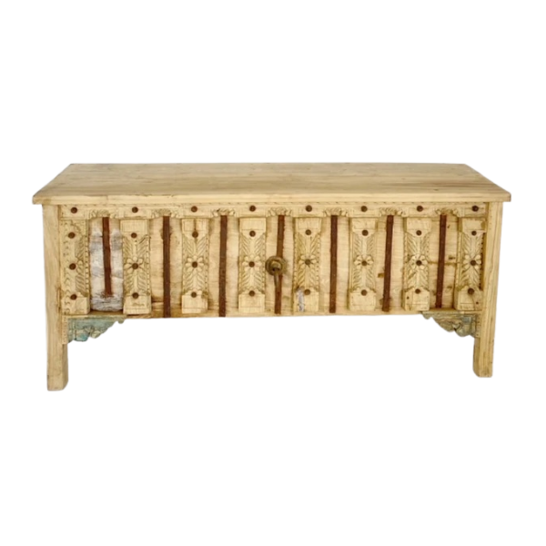 Image of carved timber console side table with metal trim.