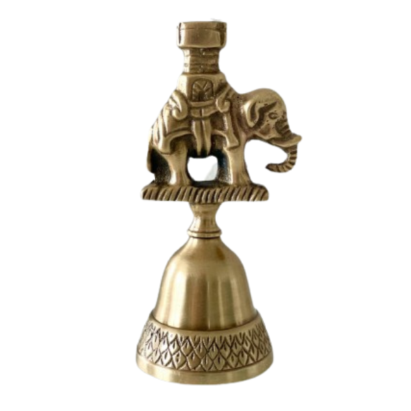 Image of brass Bell decorated with a 3D Indian elephant handle. A desirable and useful decor item.