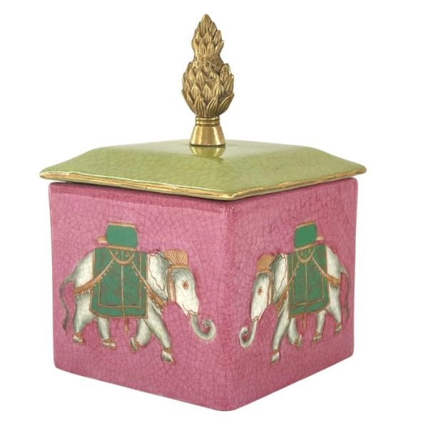 Image of square lidded Trinket Box in pink with elephant picture and brass handle.