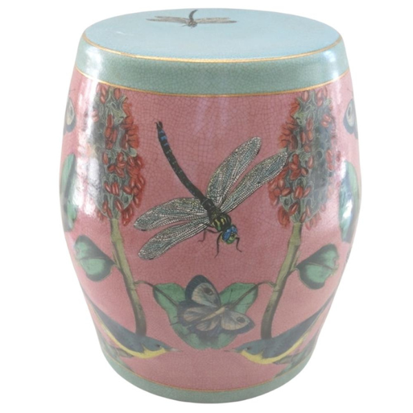 Image of stunning centrepiece stool or table featuring Dragon flies and flowers on pink glazed crackle finish.