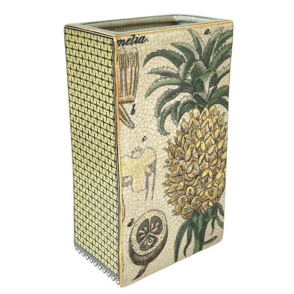 Image of vase with tropical pineapple picture and glazed crackle finish.