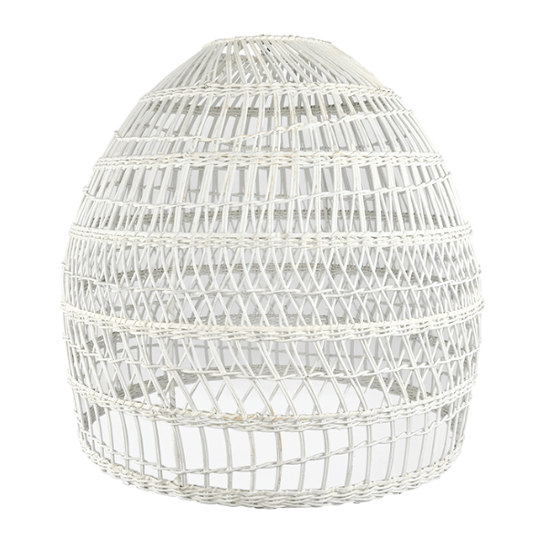 Image of white painted, rattan pendant light shade. Open weave pattern. Coastal style.