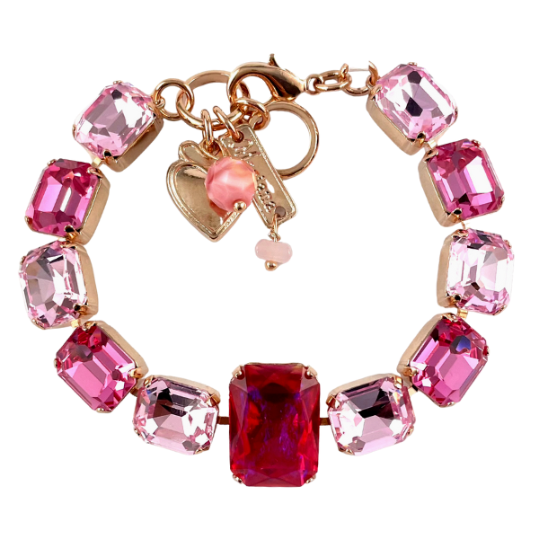Image of pink coloured rectangular shaped crystal bracelet, set in 18ct rose gold plated metal.