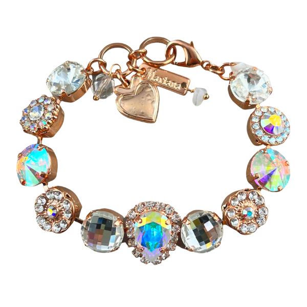 Image of 18ct rose gold plated bracelet embellished with Diamond, clear and iridized crystals with a diamond iridized teardrop crystal centrepiece.