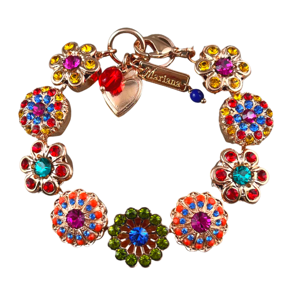 Image of Swarovski crystal stunning chunky bracelet using flower shapes which are embellished in a range of bright colour combinations of crystals, set in 18ct rose gold plating.