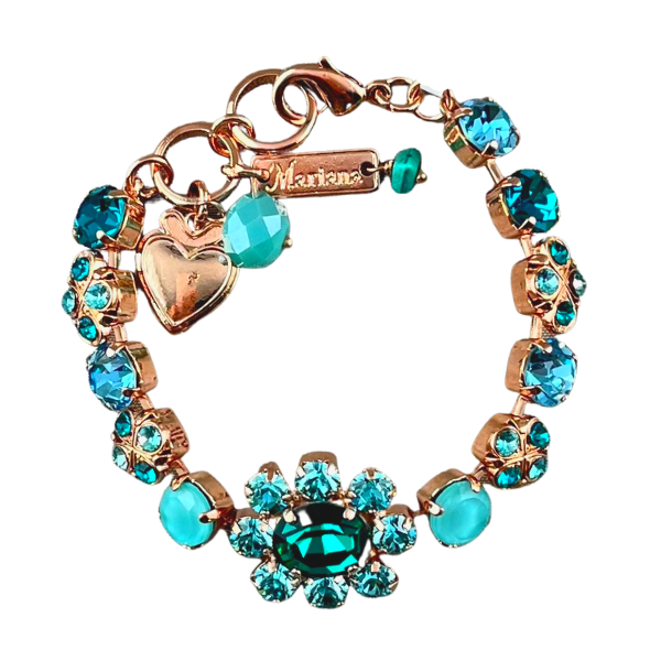 Image of pretty bracelet featuring flower crystal as centrepiece using aqua and turquoise swarovski crystals and opalites.