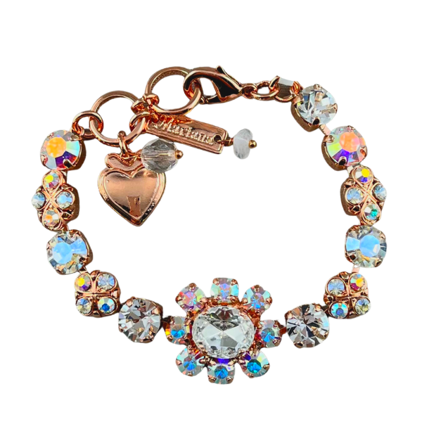 Image of pretty bracelet featuring flower crystal as centrepiece using diamond and clear iridized swarovski crystals.