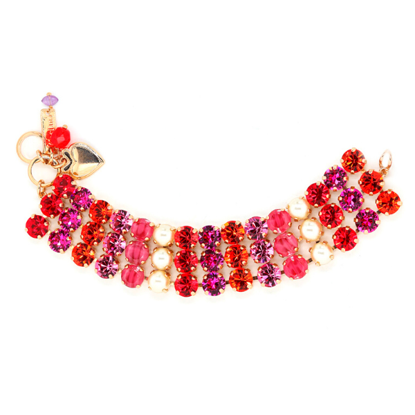 Image of wide, 3 strand bracelet featuring multicoloured crystals of red purple, fuchsia and faux pearls. Width: 3cm. 18ct Rose gold gilding.