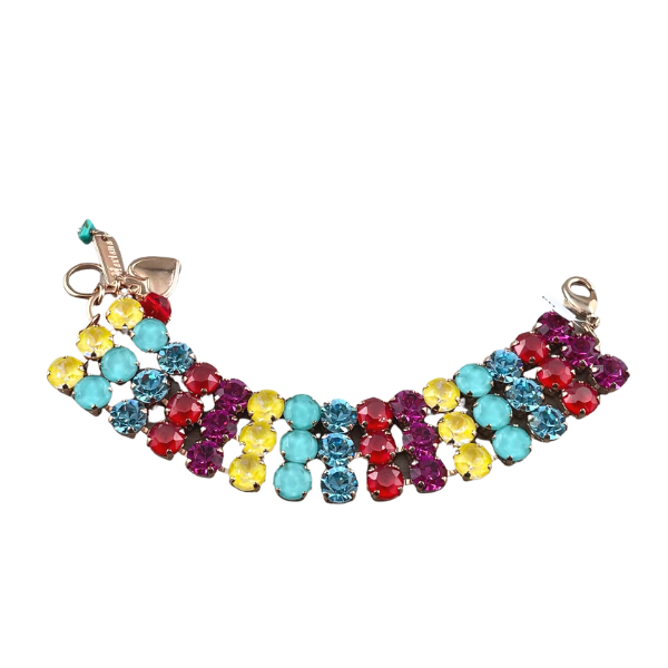Image of wide, 3 strand bracelet featuring multicoloured crystals of yellow, aqua, red and fuchsia. Width: 3cm. 18ct Rose gold gilding.