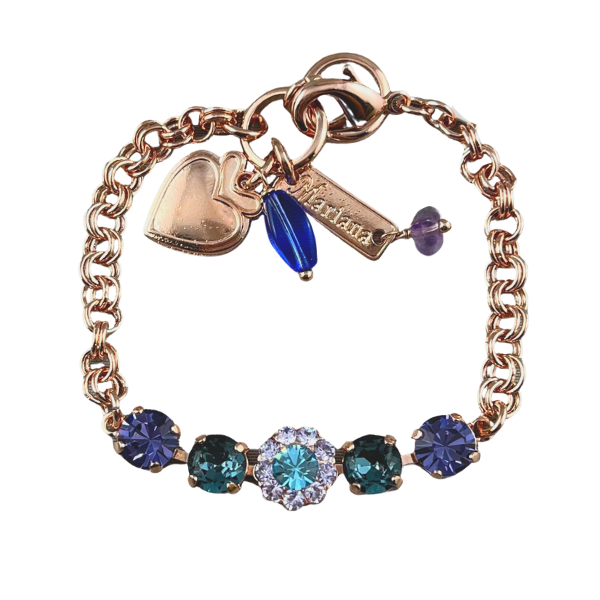 Image of 18ct rose gold gilded bracelet embellished with blue, lilac and mauve crystals.