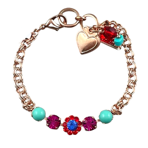 Image of 18ct rose gold gilded bracelet embellished with fuchsia, red, cobalt and turquoise crystals