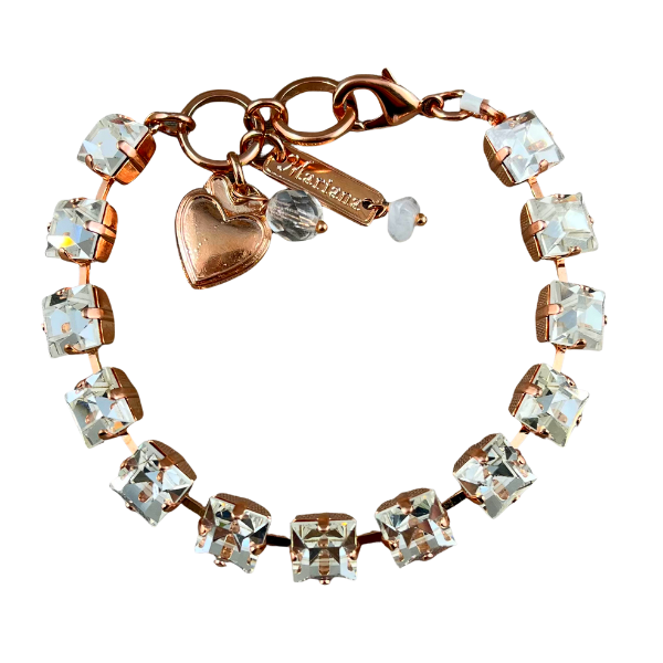 Image of bracelet with beautifully cut small squares using diamond Swarovski crystals on 18 carat rose gold finish.